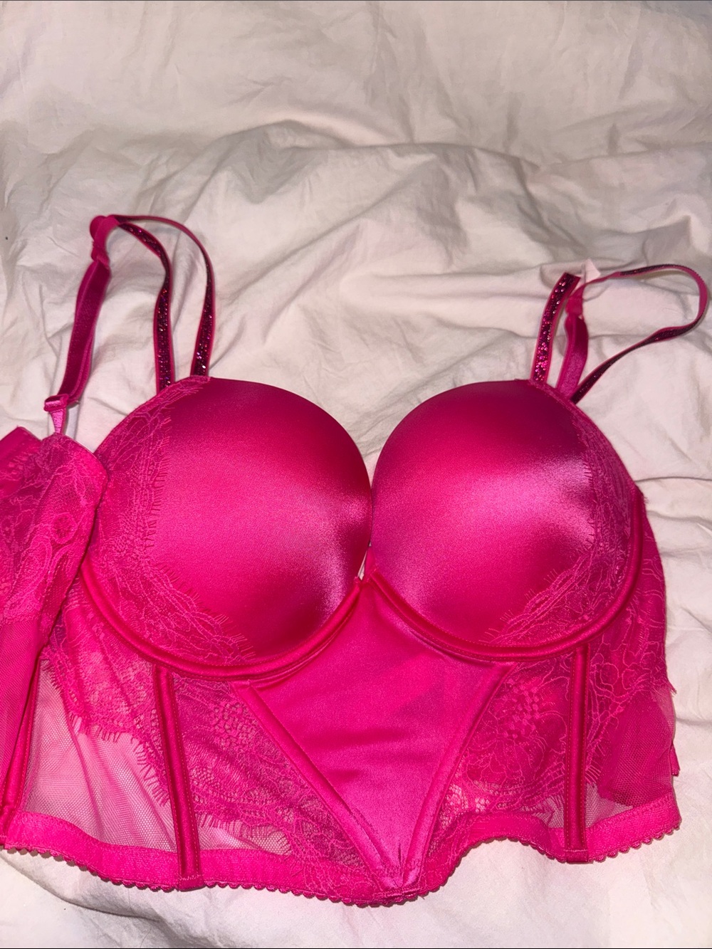 Women’s Hot Pink Lace Longline Bra - Unbranded